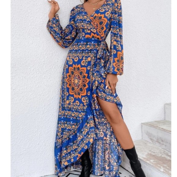 Boho Floral Lantern Sleeve Ruffle Trim Maxi Dress blue - Picture 2 of 6